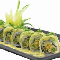 Green Magic Roll  · Tempura fried sparagus and green onion, topped with avocado and cilantro sweet chili aioli