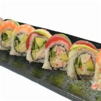 Rainbow Roll · Crab salad, cucumber, avocado, topped with tuna, albacore, salmon, and shrimp