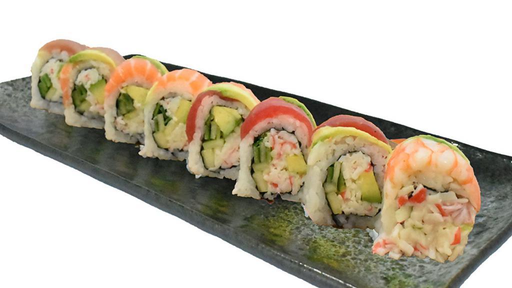 Rainbow Roll · Crab salad, cucumber, avocado, topped with tuna, albacore, salmon, and shrimp