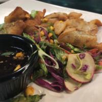 Ginger Pork Pot Stickers · Hoisin BBQ, curry peanuts, green curry slaw.