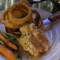 Midtown Meatloaf · Open-faced on toasted sourdough, whipped potatoes, green beans,  baby carrots, and red peppe...