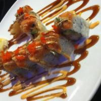 Spicy 2 In 1 Roll · Shrimp tempura & avocado inside, topped with spicy tuna & spicy salmon. Raw fish.