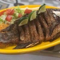 Fried Mojarra · Traditional Mexican style whole fried fish.  Served with salad (lettuce, pico de gallo & avo...