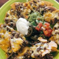 Texas Nachos · Your choice of beef or chicken.  Served with guacamole, sour cream & jalapenos.