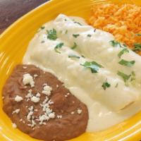 2 Enchilada Plate · chicken, beef or cheese enchiladas topped with your choice of sauce. Served with rice & beans.