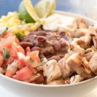 Burrito Bowl · Rice, corn, beans, lettuce, pico de gallo and sour cream, with your choice of protein.