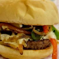 Philly Burger · Hamburger patty, white cheese, grilled onions, grilled bell peppers, mayo.