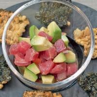 Tuna Tartare · Tuna With Tomato Salsa And Garlic Ponzu Sauce Served With Crispy Seaweed Chip