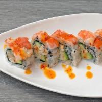 Tiger Roll · Lump Crab, Avocado, Cucumber, Spicy Mayo Topped With Steamed Tiger Shrimp Served With Mango ...