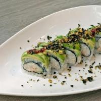Kamikaze Roll · Spicy Crab And Cucumber Topped With Avocado, Tempura Bits And Sweet Chili Sauce