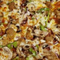 Supreme Pizza · Pizza topped with pepperoni, Italian sausage, green peppers, red onions & mushrooms