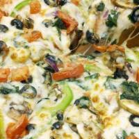 Veggie Lovers Pizza · Green peppers, red onions, mushrooms, black olives, and diced tomatoes