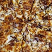 Bbq Chicken Pizza · BBQ sauce, chicken, bacon, mozzarella, and cheddar cheese.