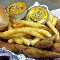Chicken Tender Basket (5Pc) · Basket served with French fries and dinner rolls.