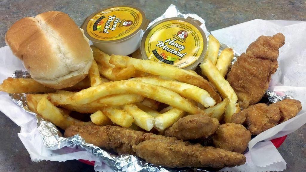 Chicken Tender Basket (5Pc) · Basket served with French fries and dinner rolls.