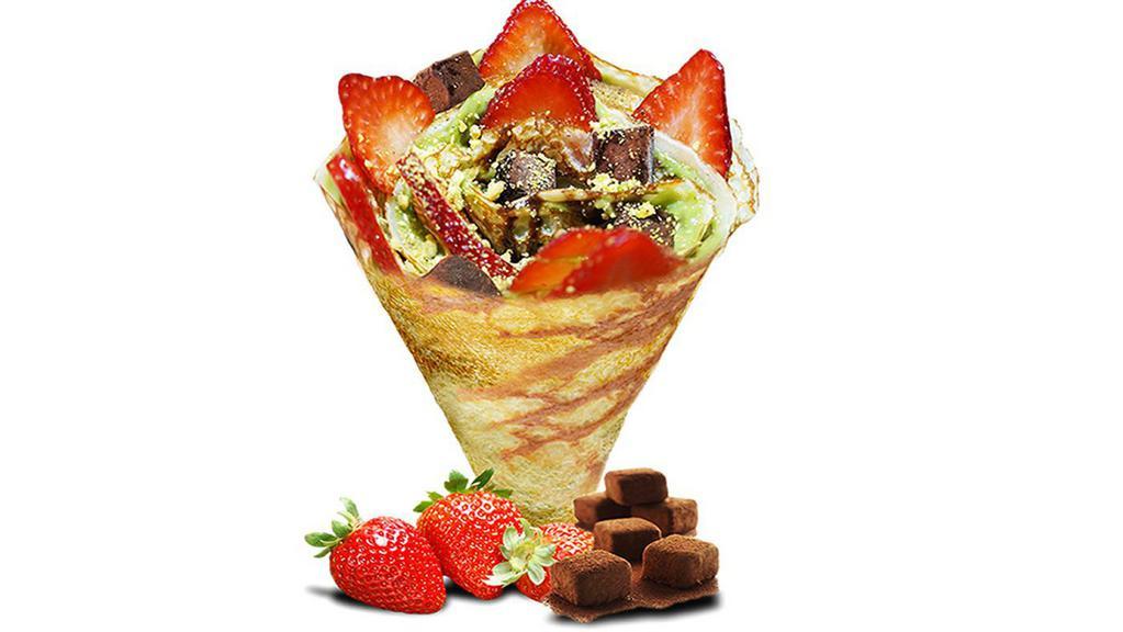 Strawberry Truffles · Included - soft crepes, fresh sliced strawberry, chocolate truffle, pistachio, matcha (green tea) custard cream, chocolate syrup, whipped yogurt.