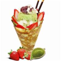 Matcha Red Bean · included - soft crepes, fresh sliced strawberry, red bean, almond, pocky sticks, matcha(gree...