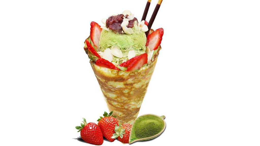 Matcha Red Bean · included - soft crepes, fresh sliced strawberry, red bean, almond, pocky sticks, matcha(green tea) custard cream, whipped  yogurt, matcha ice cream