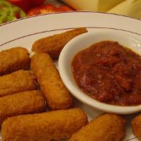 Mozzarella Sticks · The king of Italian cheese, lightly breaded, seasoned and fried golden. Served with marinara...
