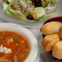 Soup & Salad Extravaganza · Our bountiful garden salad, hot garlic bread sticks, and our homemade soup of the day. Subst...