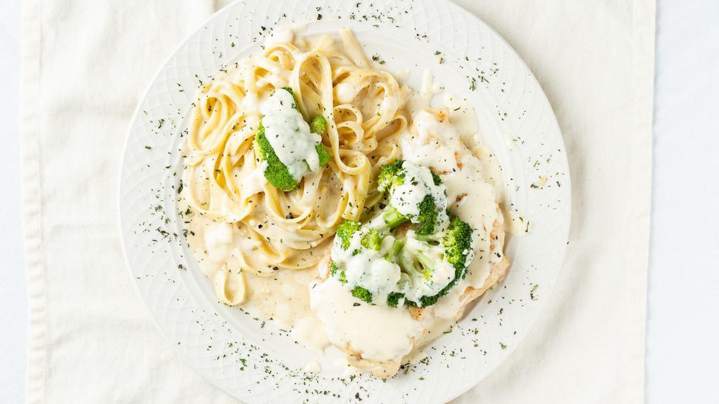 Chicken Alla Milanese · Fresh sauteed chicken breasts in a creamy alfredo sauce topped with fresh broccoli. Served with our delicious fettuccine alfredo.