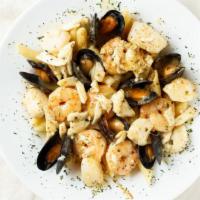 Fruit Of The Sea · Jumbo shrimp, scallops, crab meat, fresh clams and mussels in a light lemon wine sauce. Over...