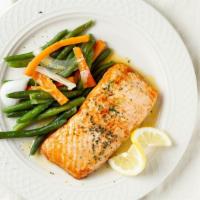 Fresh Broiled Salmon · A 10 oz tender wild caught Atlantic salmon broiled in lemon butter sauce. Served with choice...