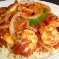 Shrimp Creole · Jumbo shrimp in our famous spicy creole sauce. Served over seasoned rice.