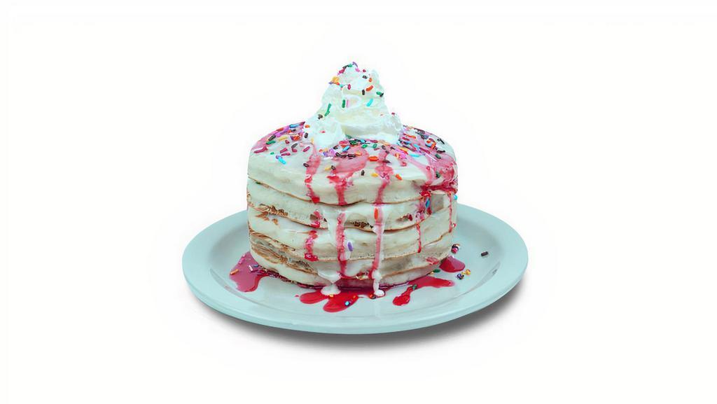 Birthday Pancakes · Buttermilk pancakes filled with rainbow sprinkles. Topped with our special vanilla icing, whipped cream, and more rainbow sprinkles.