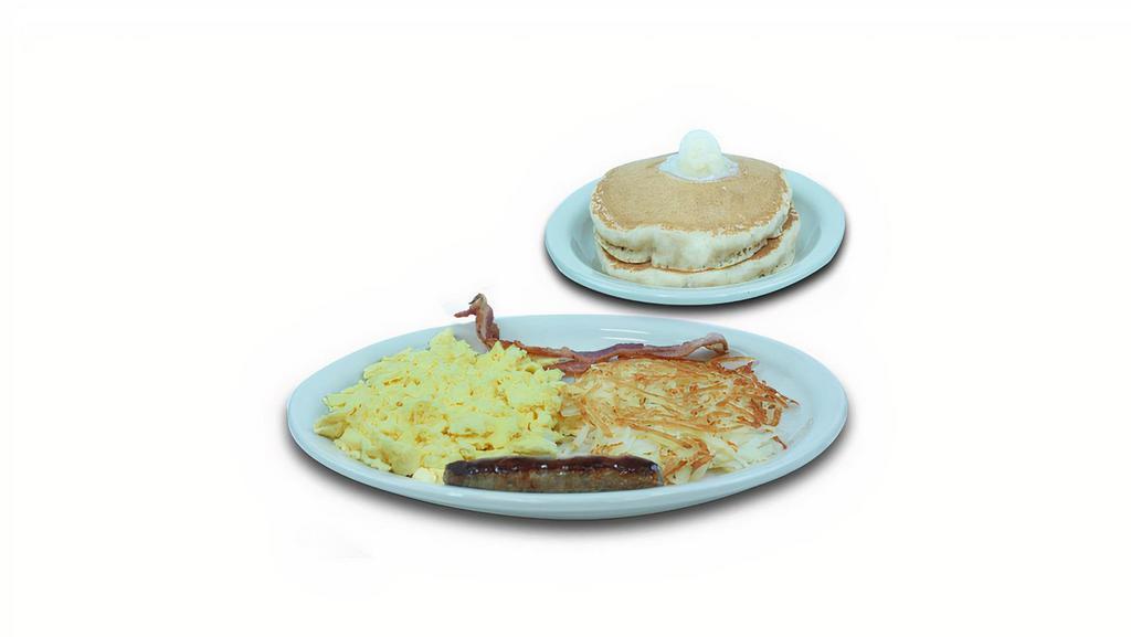 Pancake Combo · Two fluffy buttermilk pan cakes. Served with two eggs your way, two bacon strips or two pork sausage links and hash browns. 730 - 930 calories.