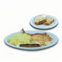 French Toast Combo · Choose your favor of French toast, two eggs your way, two bacon strips or two pork sausage l...