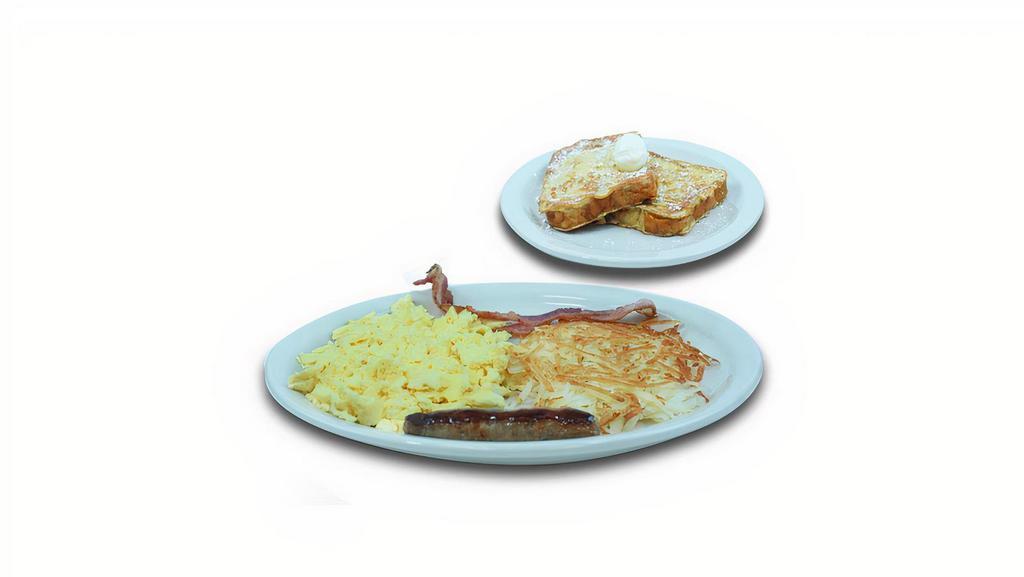 French Toast Combo · Choose your favor of French toast, two eggs your way, two bacon strips or two pork sausage links and hash browns. 950 - 1170 calories.
