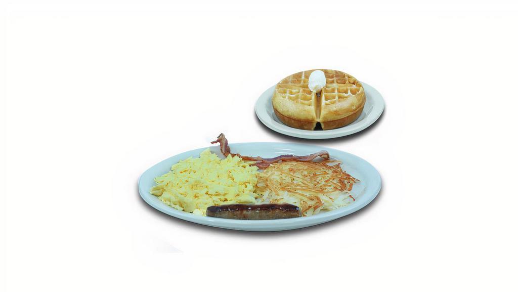 Waffle Combo · A golden-brown belgian waffle. Served with two eggs your way, two bacon strips or two pork sausage links and hash browns. 730 - 930 calories.