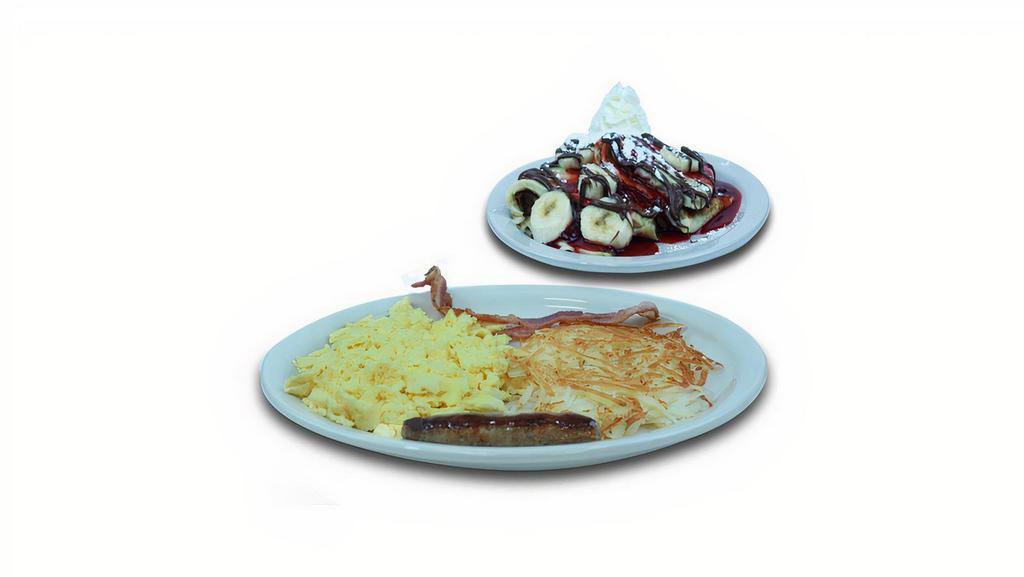Nutella Crepe Combo · Choose your crepe flavor, served with two eggs your way, two bacon strips or two pork sausage links and hash browns. 770 - 980 calories.