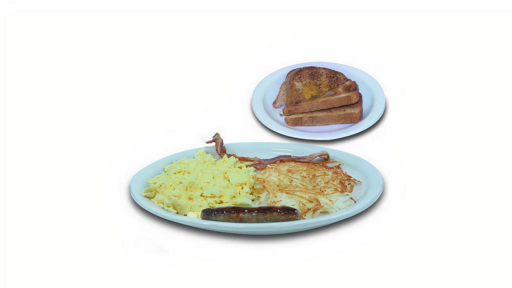 Classic Breakfast · Choose your toast with two eggs your way, golden hash browns and two smoked bacon strips or two pork sausage links. 650 - 970 calories.