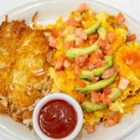 Chicken Fajita · Scramble mixed with onion, green and red bell peppers, chicken, Cheddar cheese and avocado. ...
