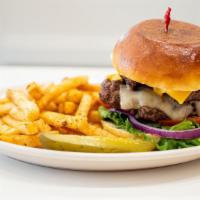Double Cheeseburger · Double steak burger patties, American cheese, Swiss cheese, lettuce, tomato, red onion and m...