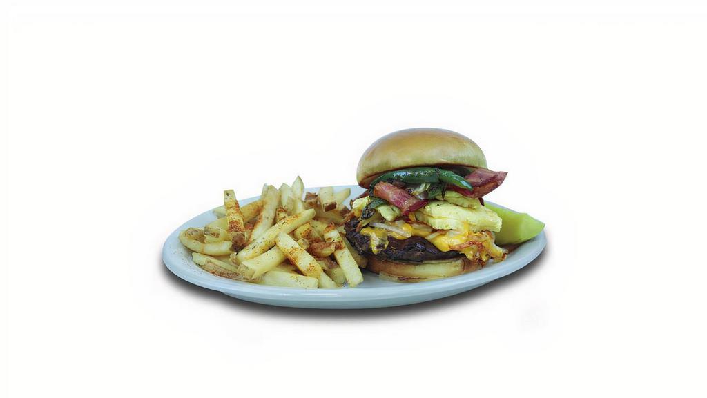 Breakfast Burger · Smoked bacon, American cheese, bell pepper, onions, egg your way and hash browns. 620-770 calories.