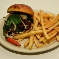 Spinach & Mushroom Burger · Swiss Cheese, Grilled Spinach,
Mushrooms, onions, and Mayo