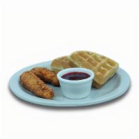 Jr Chicken & Waffle · Two buttermilk crispy fried chicken strips with half a Belgian Waffle. Served with a side of...