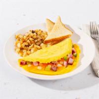 Denver Omelette · Three eggs scrambled with cheddar cheese, ham, onions, and bell peppers. Served with home fr...