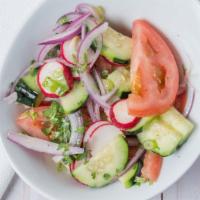 Fresco Salad  · Cucumber-tomato-onions-radish-avocado-cilantro.