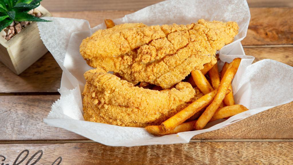 Fried Catfish With Fries (2 Pieces) · Hand battered fried catfish with seasoned fries.