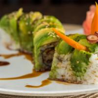 Caterpillar Roll · Freshwater EEL, crab sauce, and cucumber topped with Avocado and sweet eel sauce!