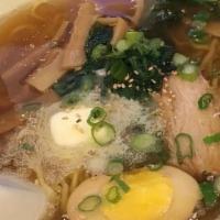 Shio Ramen (Special Salt Flavored Soup) · Sliced pork, egg, spinach, bamboo shoot, and scallion on top.
