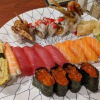 Sushi Regular (12 Pieces) Dinner · Nigiri - tuna, salmon, yellowtail, shrimp, eel, white tuna. Roll - California roll with masa...