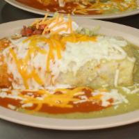 Wet Burrito · Smothered burrito in red or green sauce, with rice beans, cheese, your choice of meat with l...