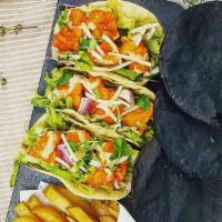 Buffalo Cauliflower Tacos · microgreens, ranch dressing, with fries