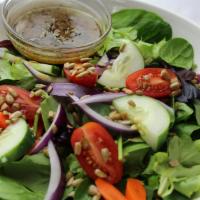Vegbox Salad · mixed green, carrots, red onion, tomato, cucumber, beet hummus, purple cabbage, sunflower se...