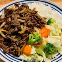 Beef Teriyaki · Korean style marinated beef stir-fried with onions. Comes with two scoops of steamed rice an...